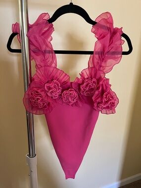 Hot Pink Ruffle Floral One-Piece Bodysuit by Free People